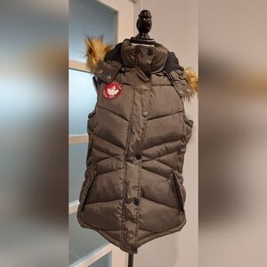 Women's Olive Puffer Vest with Faux Fur Trim
